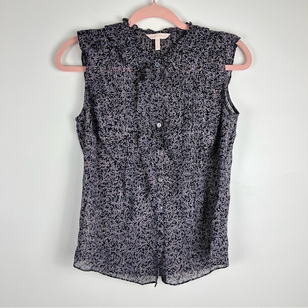 Rebecca Taylor Metallic Lurex Silk Blend Ruffle Blouse Navy Size 00 - Picture 10 of 13